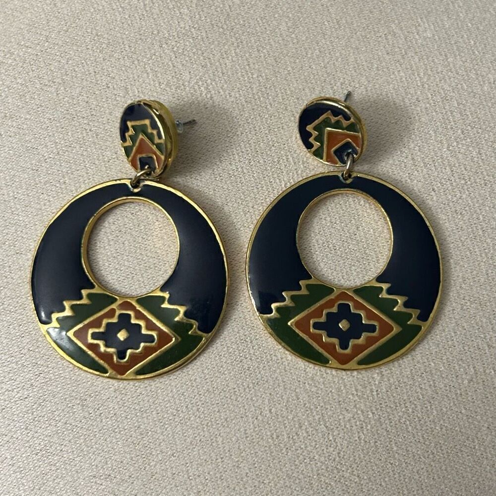 Vtg 90s Drop Earrings Blue Gold Aztec Southwest Cloisonne Enamel Round Pierced - Picture 5 of 6